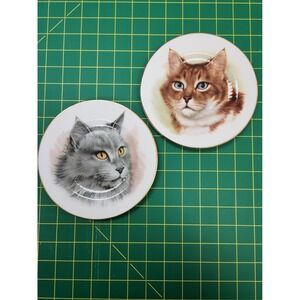 Set of 2 Royal Adderley 6.5" Bone China Gold Cat Plates England Vintage Flawed